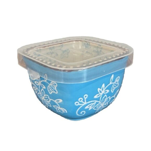 Temptations Blue Floral Lace square ramekin Square Teal Plastic Lid Small Bowl - Picture 1 of 9